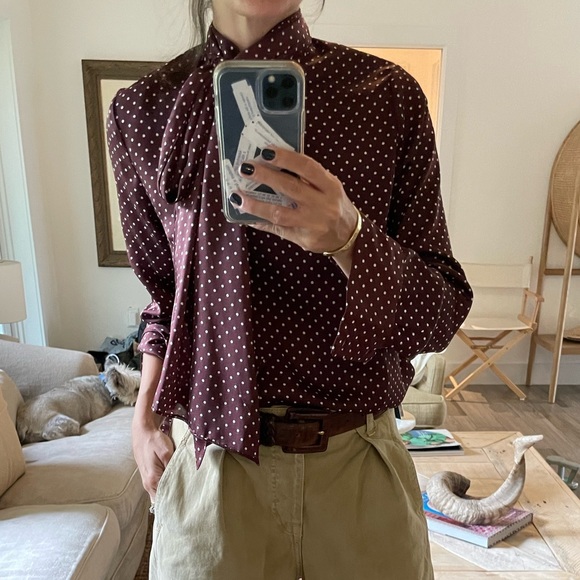 Zara burgundy and ivory polka dot long sleeve blouse - Picture 8 of 9